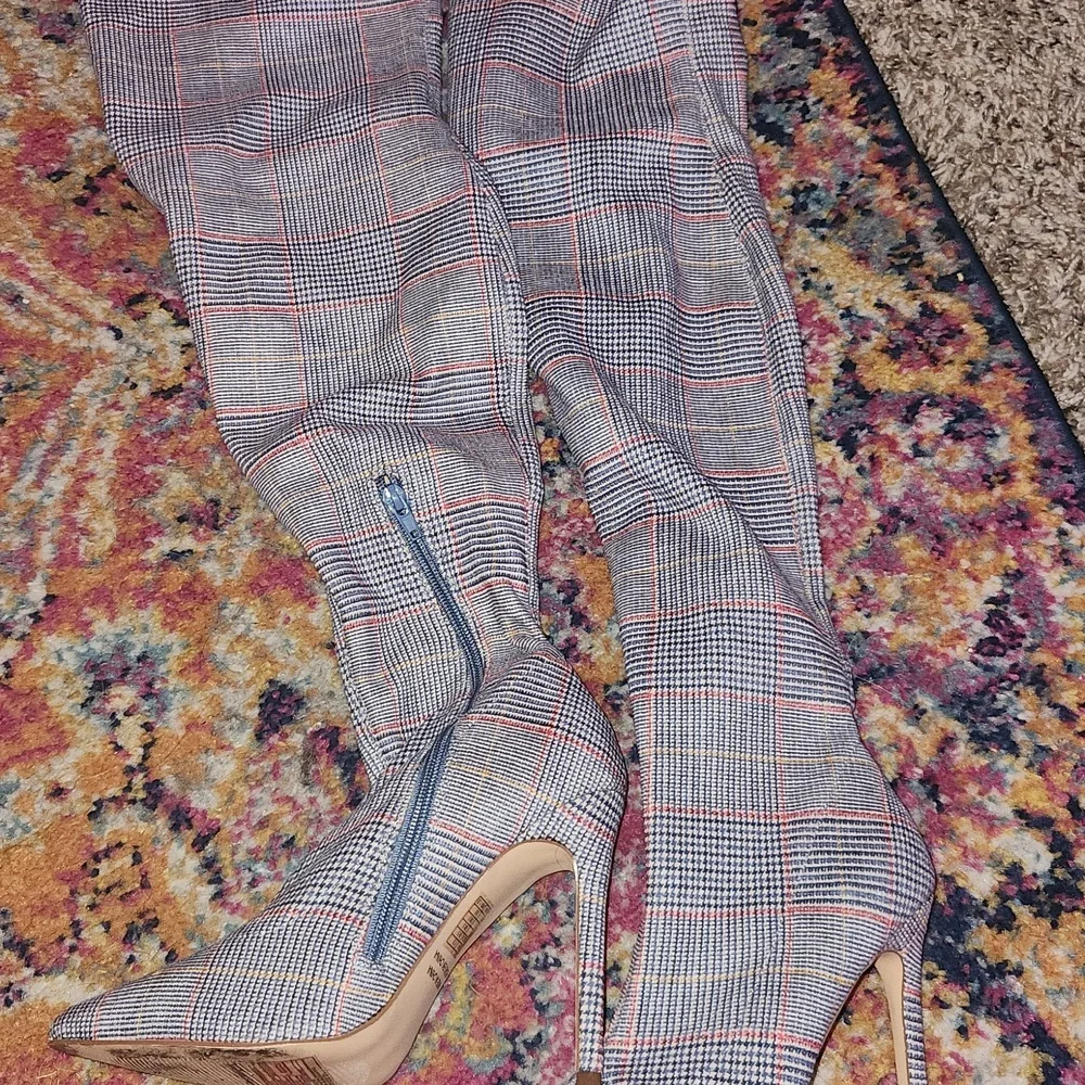 Forever 21 Glen Plaid Thigh High Boots Blue and Red 7.5